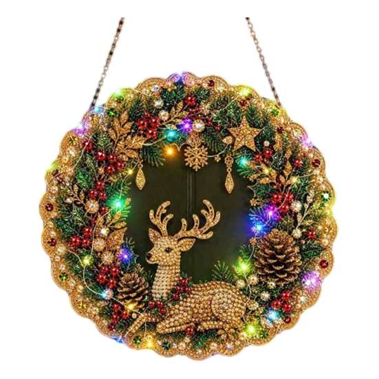 Handgefertigter festlicher Heimdekorations-Weihnachts-Diamantmalerei-Kranz-Bausatz mit LED-Lichterkette, Schneemann-Perlenkunst beleuchtete Türdekoration für Erwachsene,