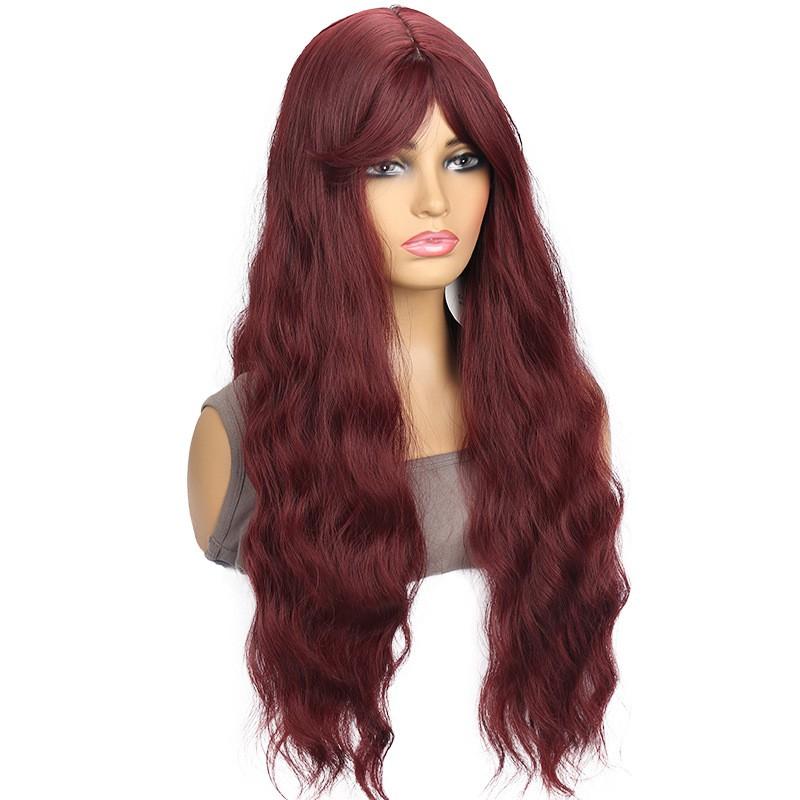 Womens Long Wavy Wig With Bangs Middle Part Synthetic Hair Daily Use