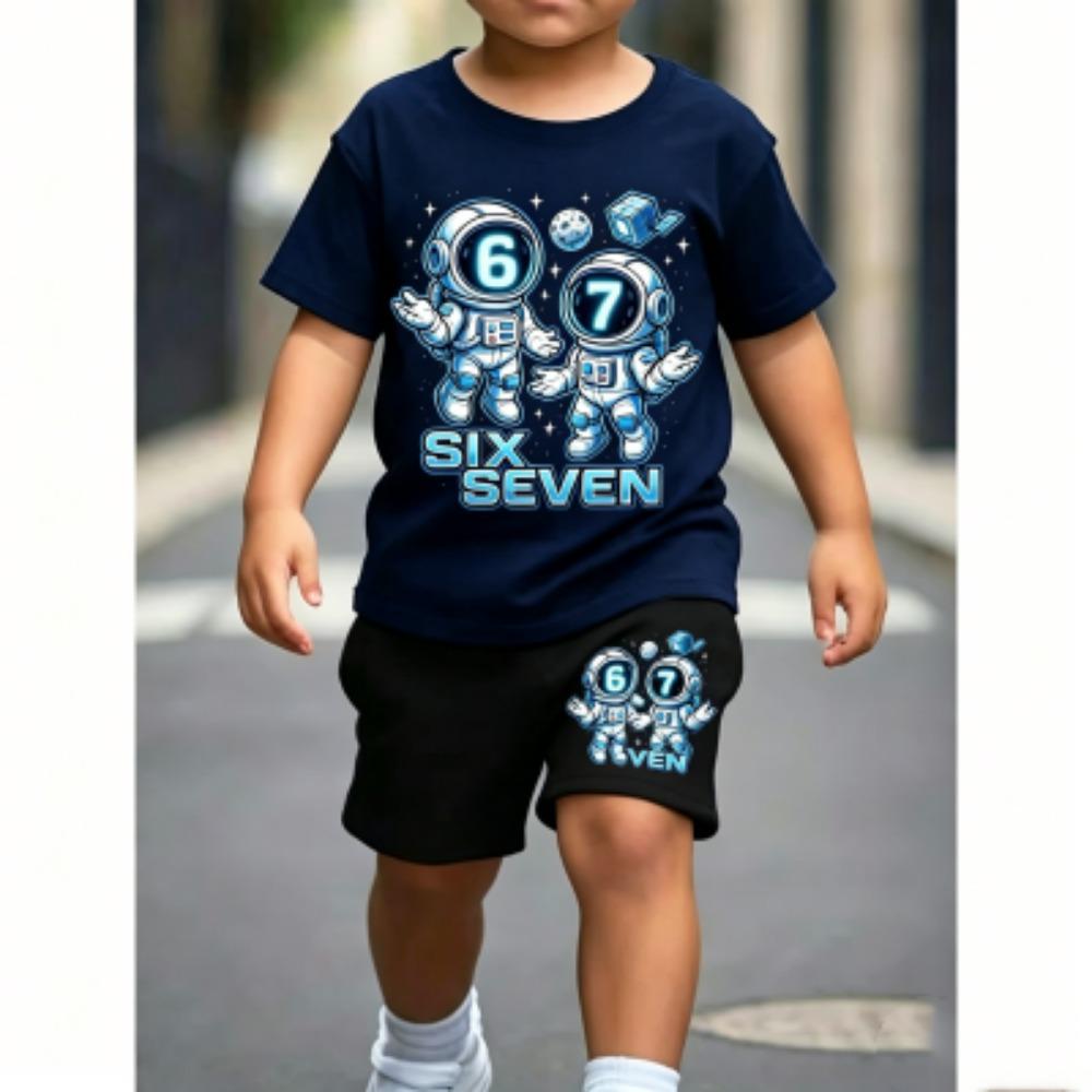 Kinder 67 Astronaut Spaß Aufdruck 11 Farben Kinder T-Shirt und Shorts 2-teiliges Set Sommer Haus Draußen Freizeit Outfit Jungen und Mädchen Sportset