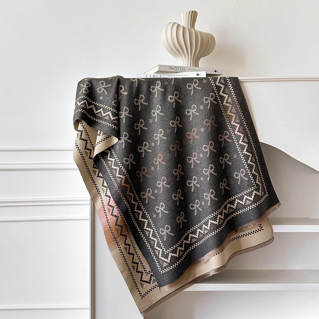 Autumn And Winter Bow Presbyopia Scarf Women'S Warm Color Matching Imitation Cashmere Scarf Double-Sided Air Conditioner Shawl