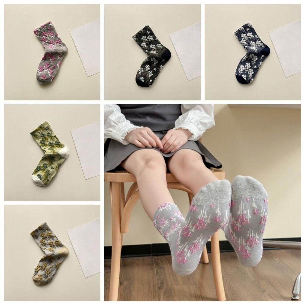 5Pairs Breathable Floral Short Socks Patchwork Retro Socks Comfortable Mid Tube Socks  Autumn