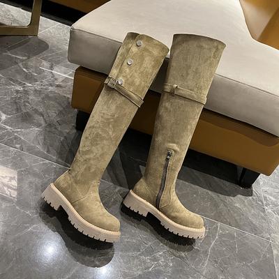 Mode Herfst Nieuwe Dames Over de Knie Laarzen Mode Ronde Neus Dikke Hak Suède Rijlaarzen voor Dames Jurk Dames Platform Schoenen