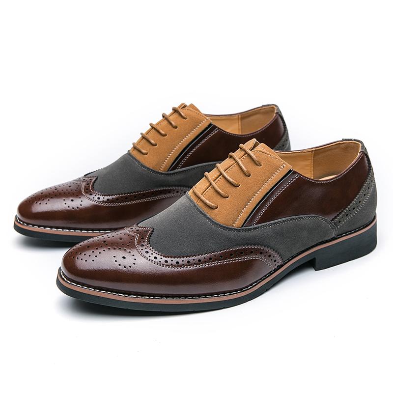Britain Gentleman Pointed Suede Mixed Patchwork Lace Up Brogues Shoes For Men Oxfords Designer Moccasins Wedding Dress Footwear