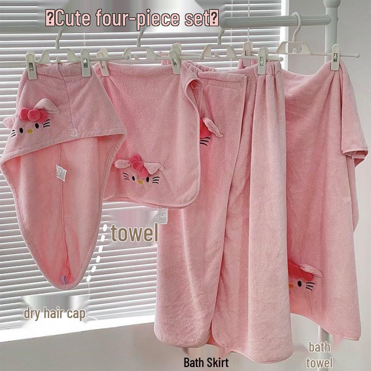 Soft Coral Fleece Cat Towel Set: Hair Drying Cap, Bath Towel, Wrap-around Skirt