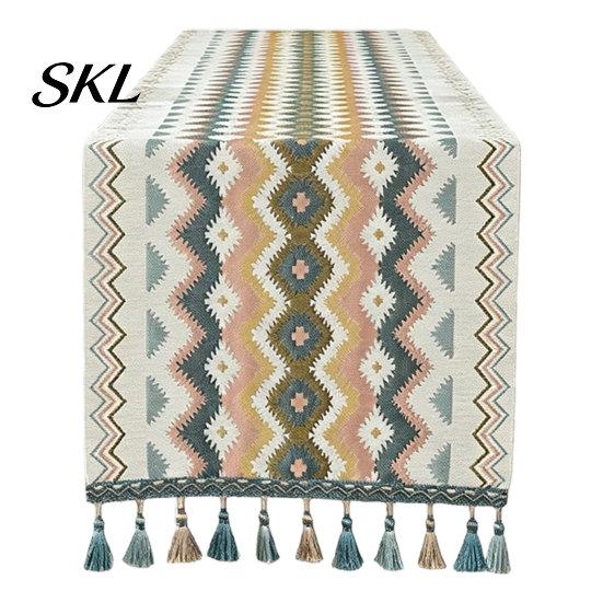 Geometric Pattern Table Runner Jacquard Runner, Colorful Triangles Vintage Floral with Tassel Edges for Home Farmhouse Dining Decor Sturdy Stitched