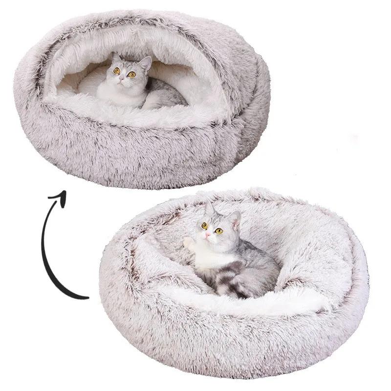 Cat Bed Round Plush Fluffy Hooded Cozy Cat Bed Cave for Indoor Donut Self Warming Small Dog Bed Anti-anxiety Puppy Kennel