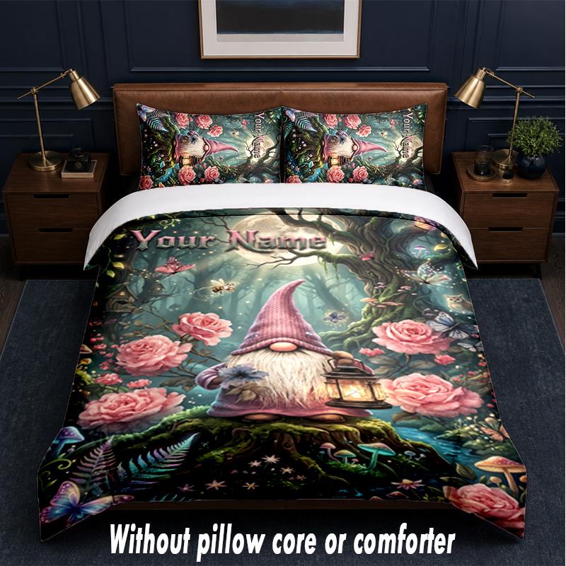 Gnome Theme Custom Text Or Name 3Pcs Bedding Set,1 Flat Sheet & 2 Pillowcases Personalized Home Bedding