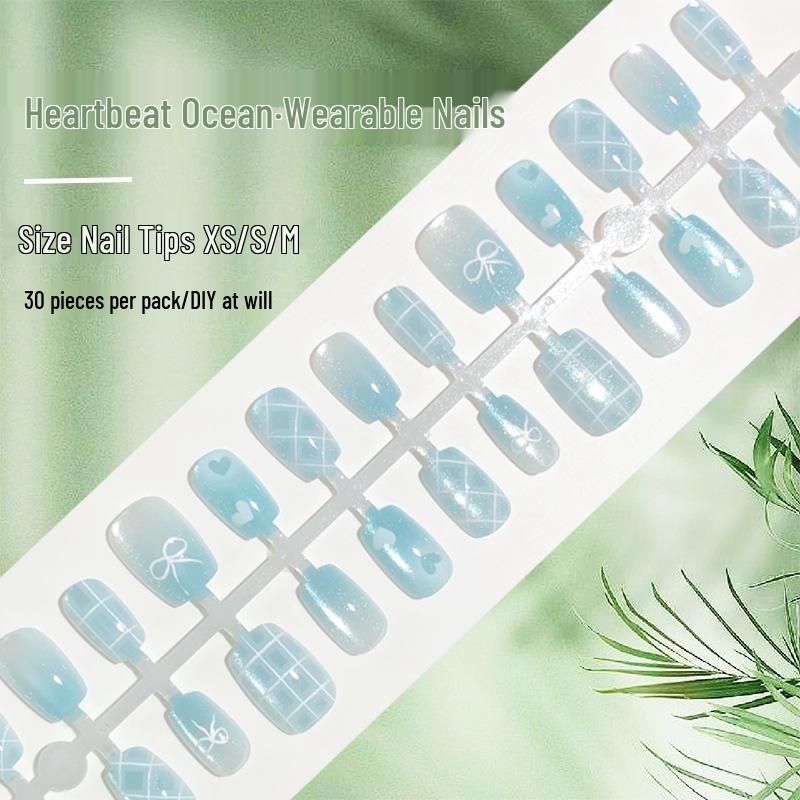 

Blue Ocean Gradient Cat Eye Press-On Nails - Heart Gingham Bow Design, Summer Fresh, Whitening Nail Art, Set of 30. YM347 Heart Ocean [XS/S/M]