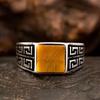 European and American Retro Square Tiger Eye Stone Ring Great Wall Pattern Punk Trendy Men's Jewelry New Style