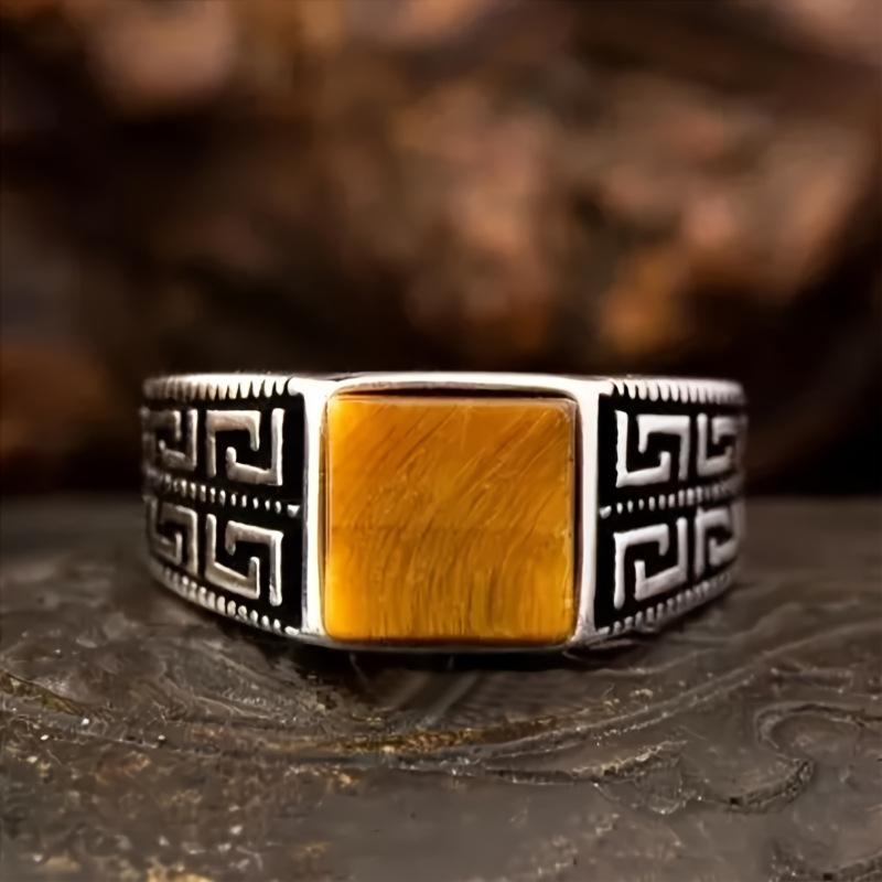 European and American Retro Square Tiger Eye Stone Ring Great Wall Pattern Punk Trendy Men's Jewelry New Style