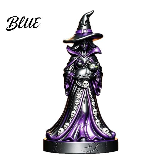 Hand Carved Resin Craft Lighted Witch Figurine Holding Black Cat Statue Gothic Stable Base Figurine Sculpture with LED Lights for Halloween