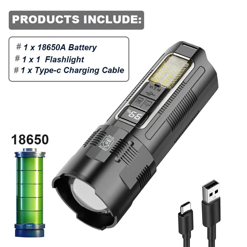 Super Bright LED Flashlight 500M Long Shot Type-C Rechargeable Torch Portable Spotlight 18650 Battery Lamp Power Bank Lantern