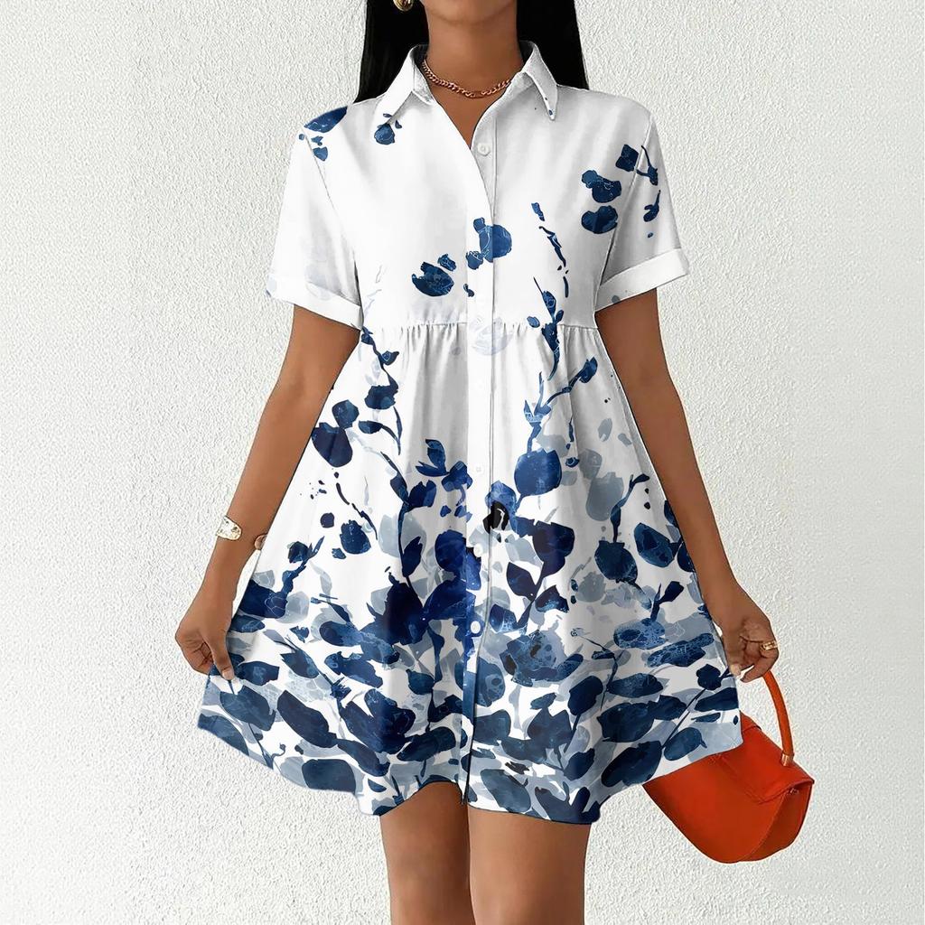 Casual Loose Fit Shirt Dress with Button Front and Stand Collar Short Sleeve Lightweight Summer Dress for Women