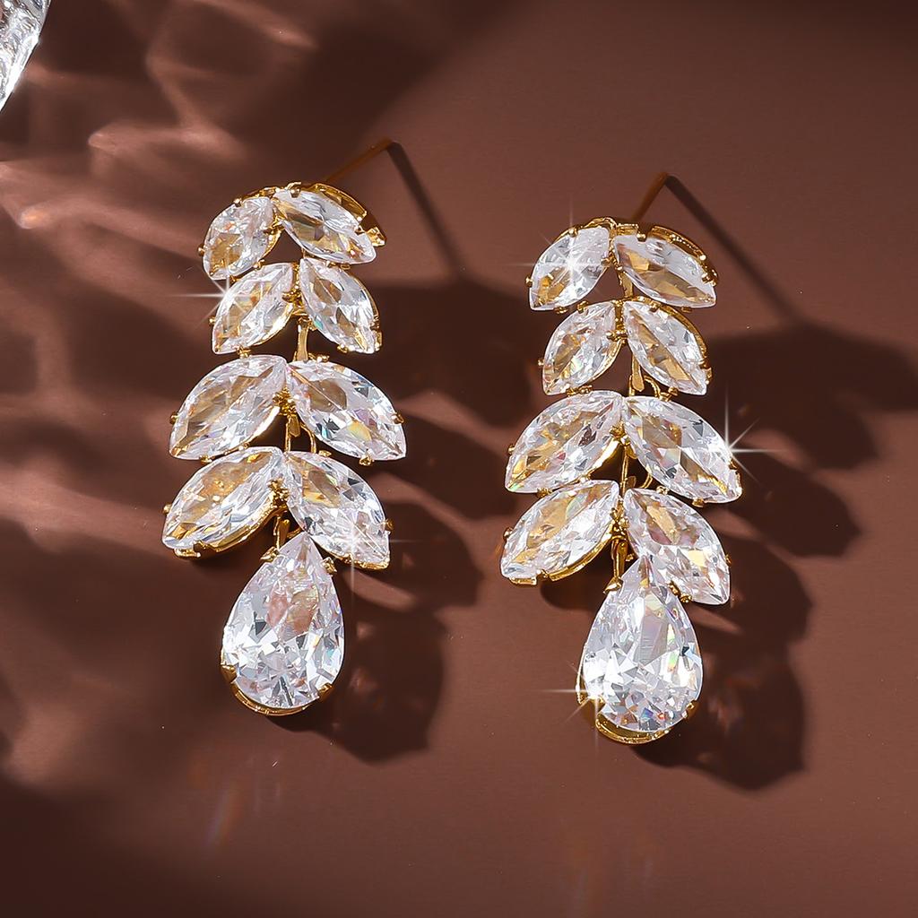 2PC Women's Fashion Bronze Zircon Exquisite Leaf Water Drop Tassel Earrings Zircon Suitable for Date, Party, Festival Gifts