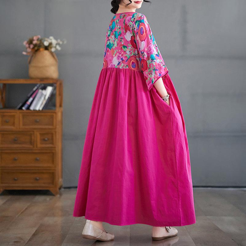 Dimanaf 2025 Women Plus Size Summer Dress Basic Vintage Long Floral Pleated Dress Loose Casual Printing Maxi
