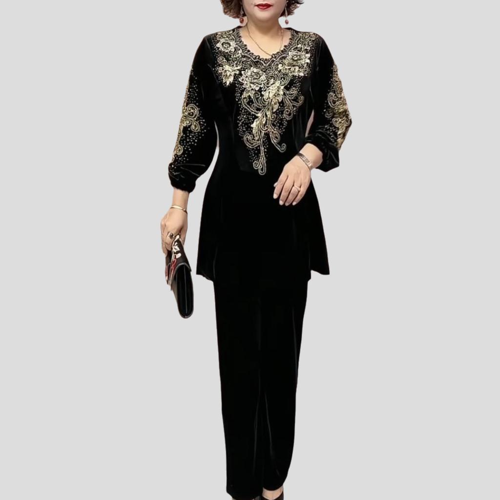 2pcs Pants Suits Autumn Women's Embroidery Velvet Plus-size Blouse High-waist Velvet Pants Two-piece Set Oversized Velvet Pants Suits