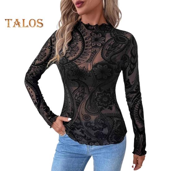 

Женские топы с круглым вырезом и длинным рукавом, облегающие, весна-осень, пуловеры, топы, прозрачные, с геометрическим узором, кружевные, цветочные, сетчатые футболки XXL чёрный