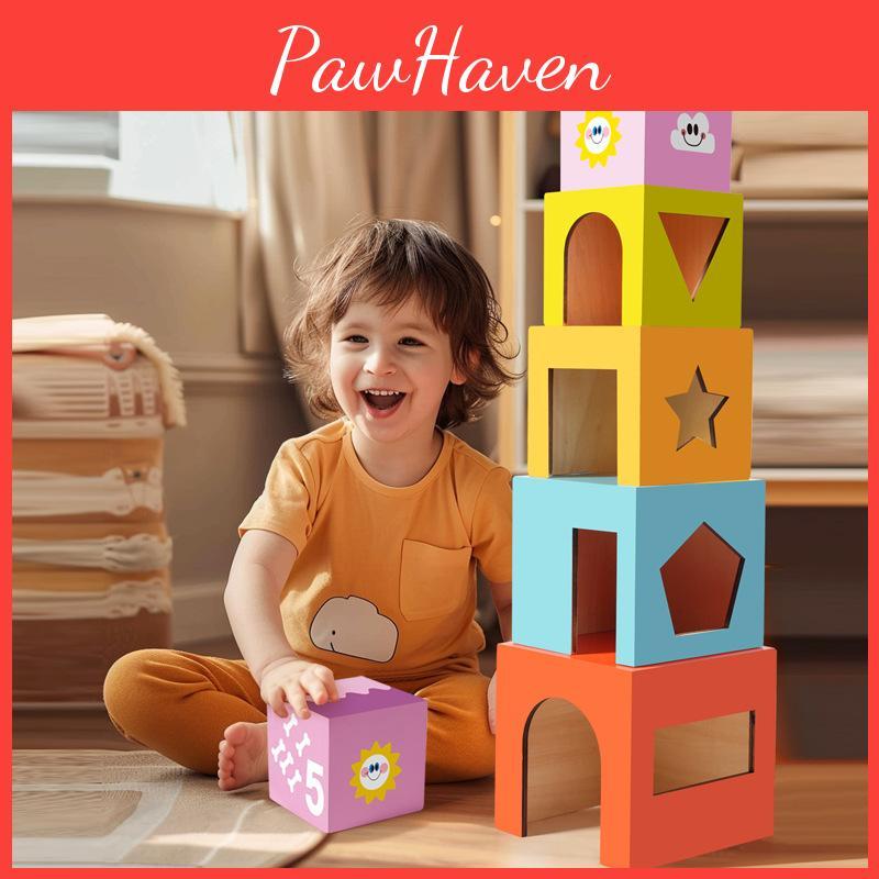 Wooden Educational Stacking Blocks Set For Toddlers With Geometric Shapes And Cognitive Play