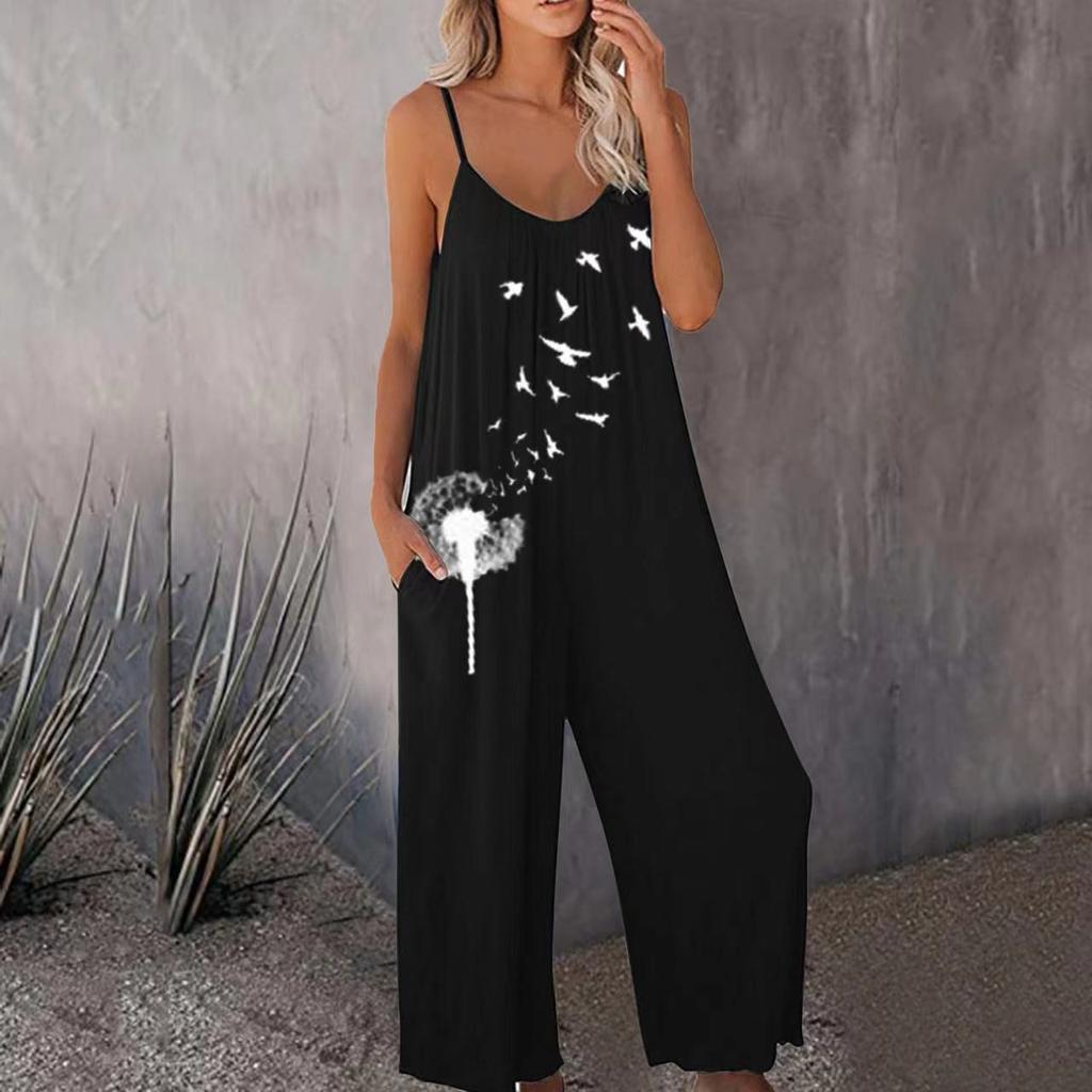 Mono sin mangas para mujer Casual Holgado Pierna ancha Mono Pantalón largo con bolsillos Tirantes finos ajustables Atuendo de verano