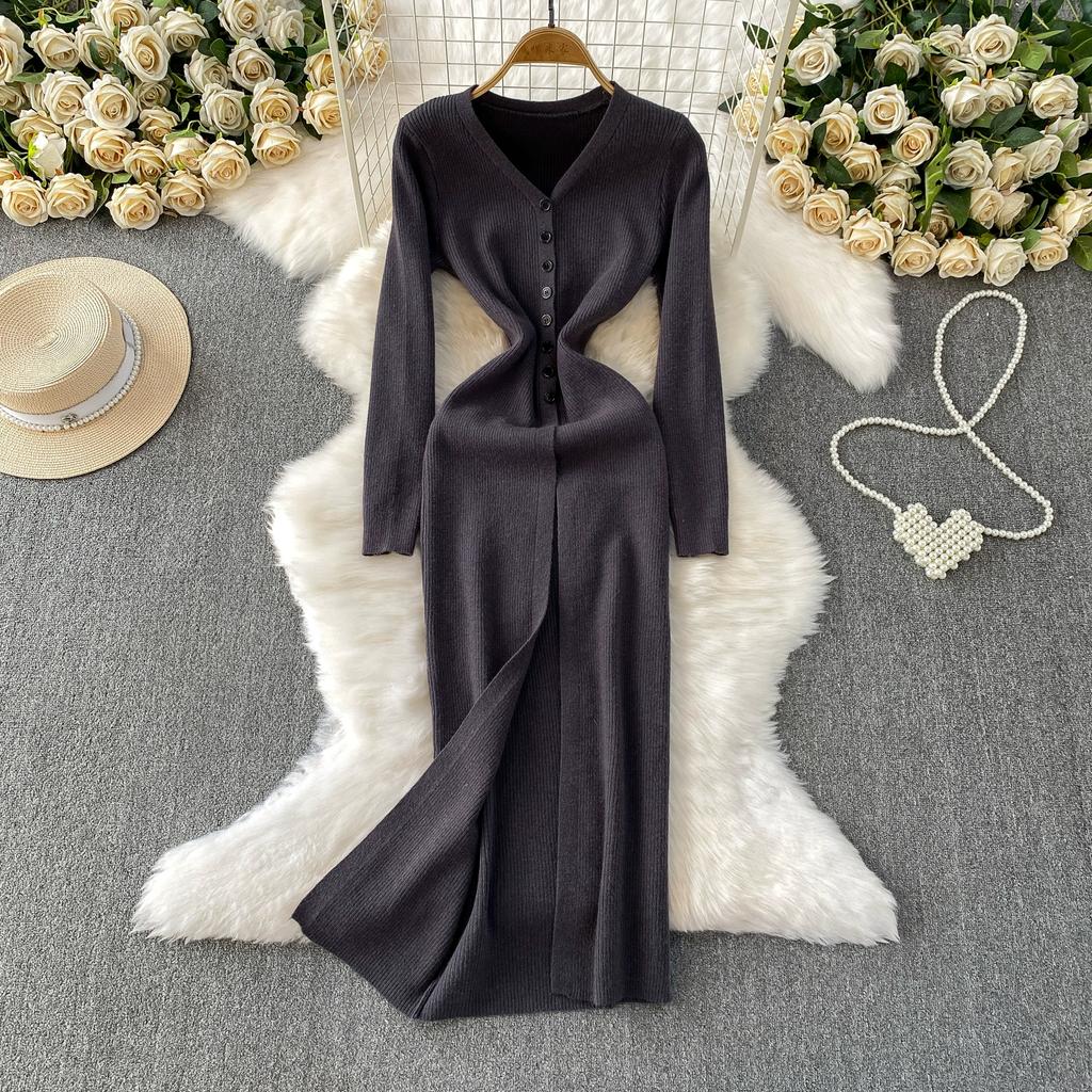 Jesień Wiosna Kobiety Elegancki Sweter Dzianinowy z Dekoltem w Serek Jednorzędowy Długie Sukienki Midi z Rozcięciem