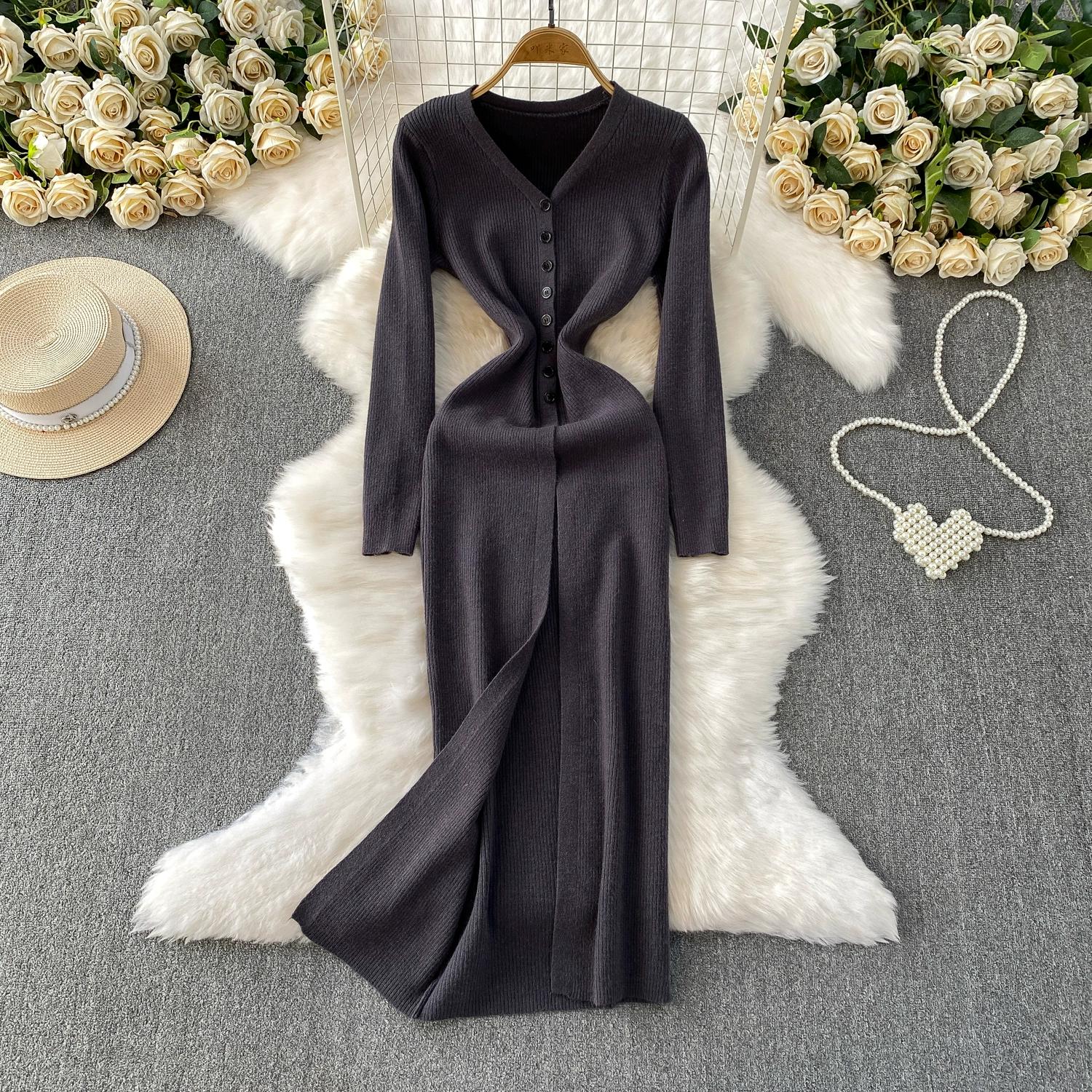 

Осень Весна Женский Элегантный Вязаный Свитер с V-образным вырезом Однобортное Длинное Миди Платье с Разрезом One Size темно-серого