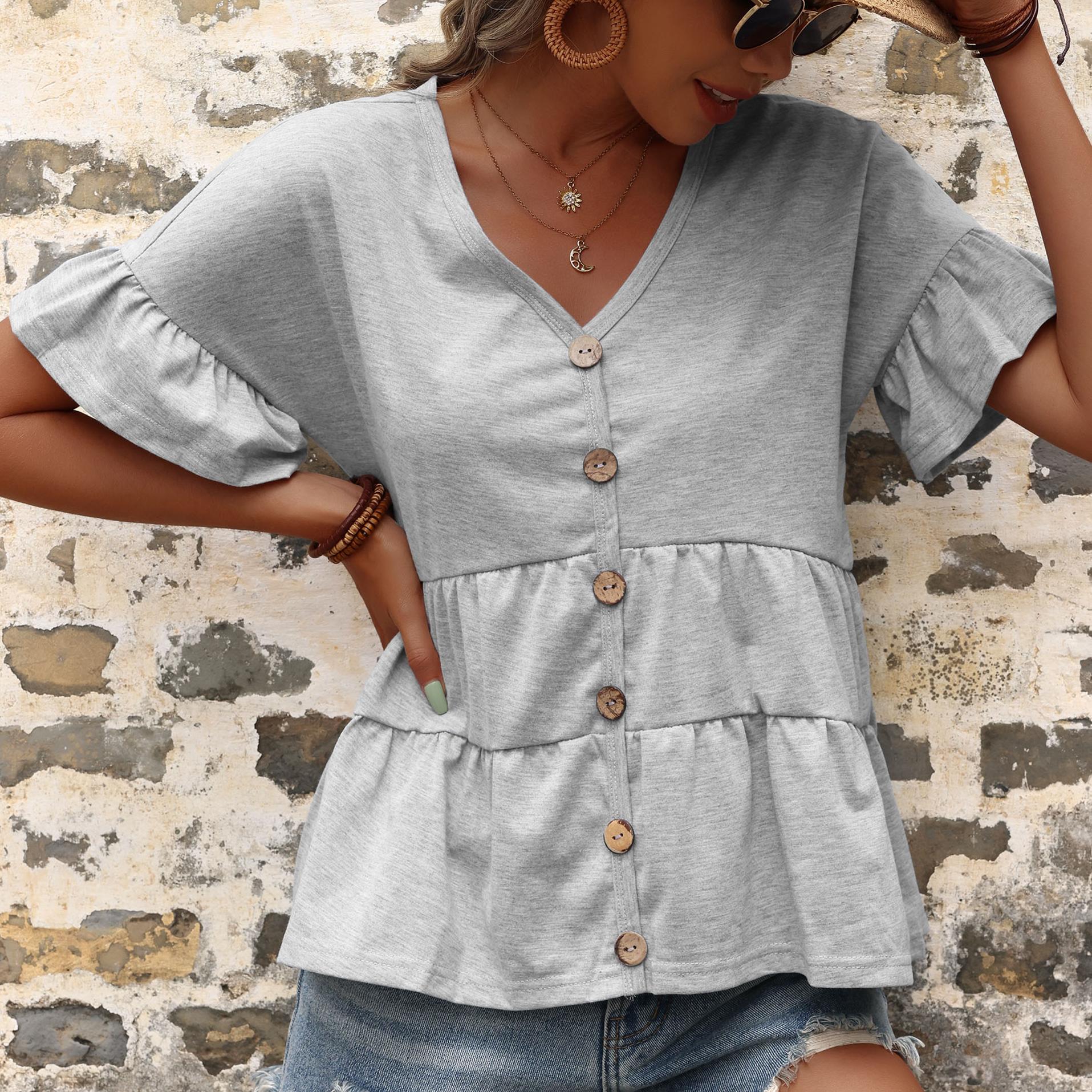 

YYFS женские модные повседневные светло-серые однотонные блузки и рубашки с короткими рукавами и v-образным вырезом с принтом XL светло-серый