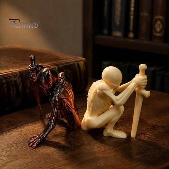 Dark Atmosphere Ornaments 3D Printed Skeleton Figurine with Swords, Creative Desktop Ornament, Halloween Party Supplies Swords Statue for Home Office