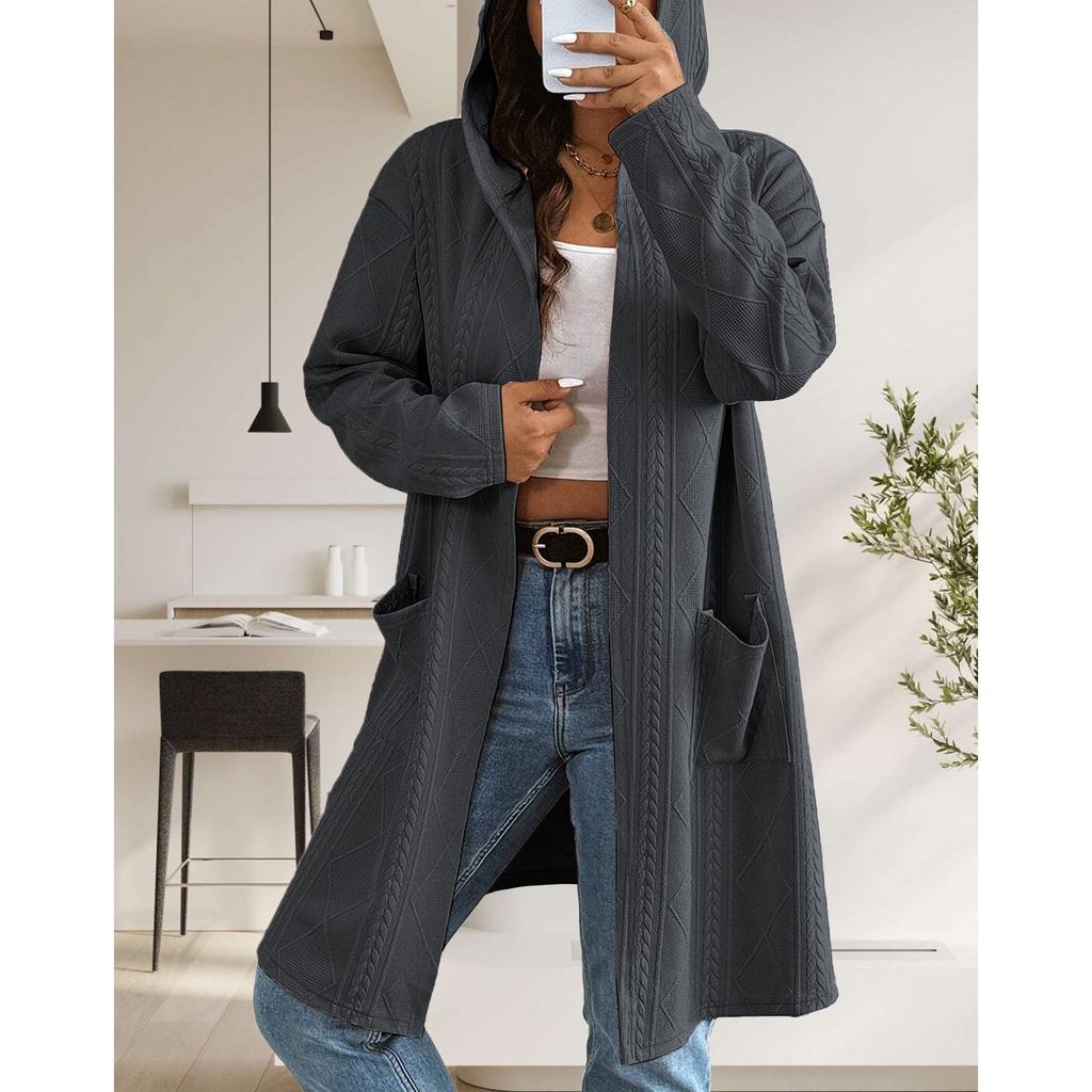 Dames Strandet Mønstret Hette Midilengde Trenchcoat Jakke Cardigan