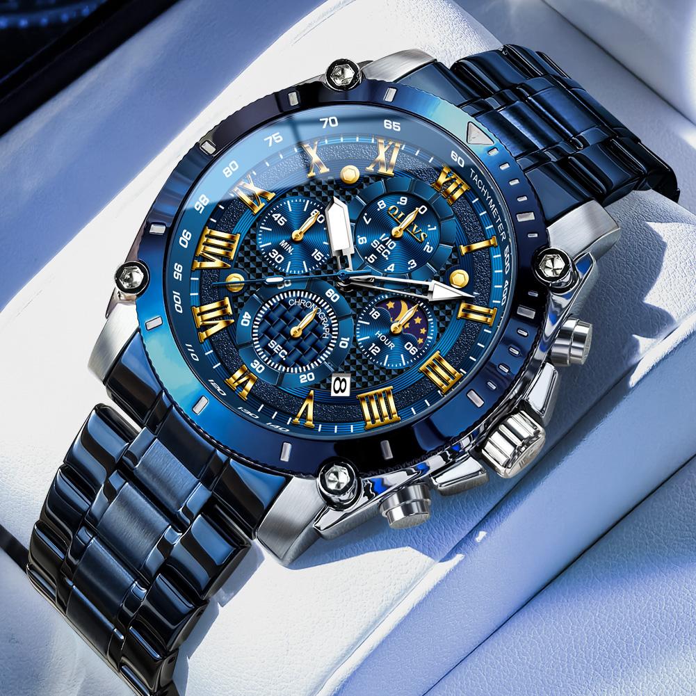 OLEVS 3689 Men s Watches Trend Fashion Fine Steel Original Quartz Watch for Man Waterproof Luminous Moon Phase Date Chronograph No синий