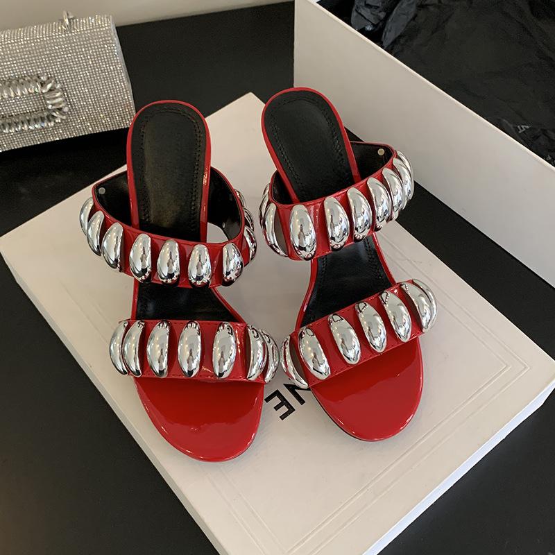 

Fashion European American New Sexy Open Toe Metal Decorated Outdoor Slippers Black Silver Summer Slim Heel Fashionable Women s Sandals 39