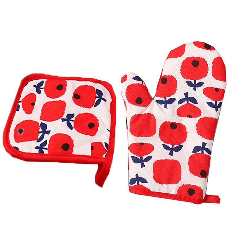 Heat Resistant Oven Gloves With Insulated Pad Set Baking Microwave Kitchen Use Cotton Linen Blend Modern Geometric Design