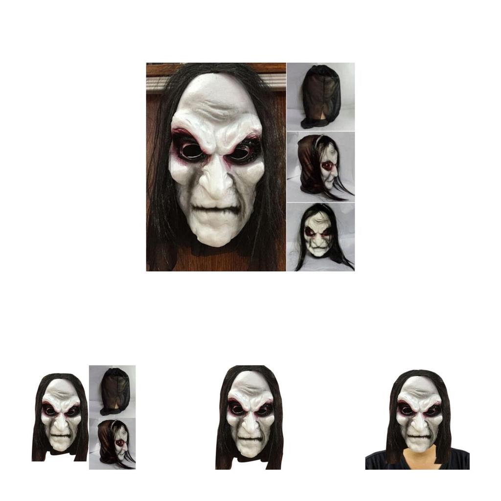 מסכת האלווין איכותית שחורה עם שיער ארוך, כיסוי ראש מלא למסיבות קוספליי מפחידות