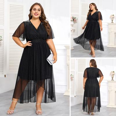 Plus Size Women Dress V-Neck Short Sleeve Elastic High Waist Flowy Hem Midi Dress Solid Color Casual Evening Dress
