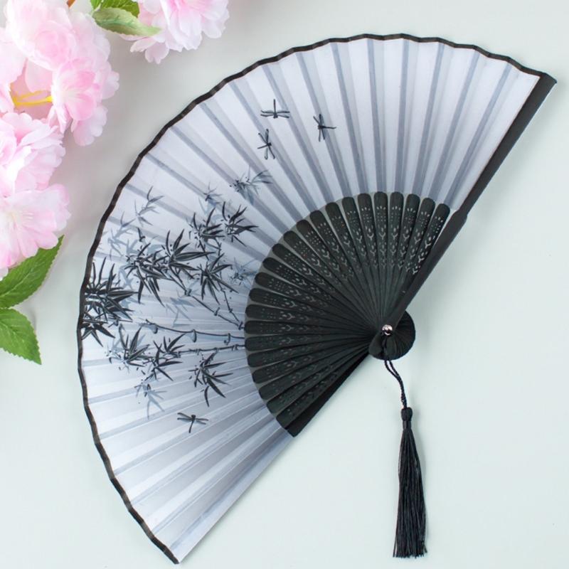 Floral Handheld Folding Fan Hand Held Silk Bamboo Fans with Tassels Hollowed Hand Foldable Fan for Dancing Wedding Decor