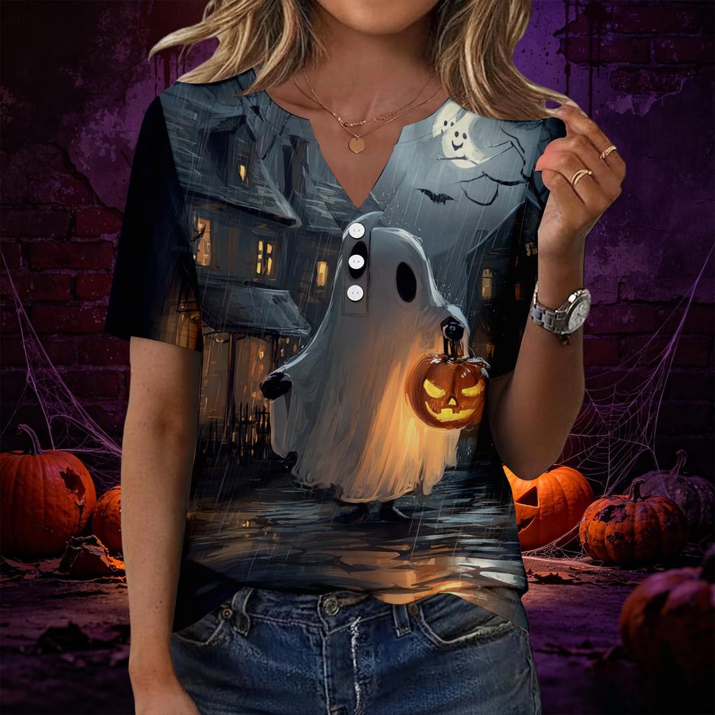 Women V Neck Short Sleeve T Shirt with Decorative Buttons Halloween Print Casual Loose Fit Top for Everyday Wear