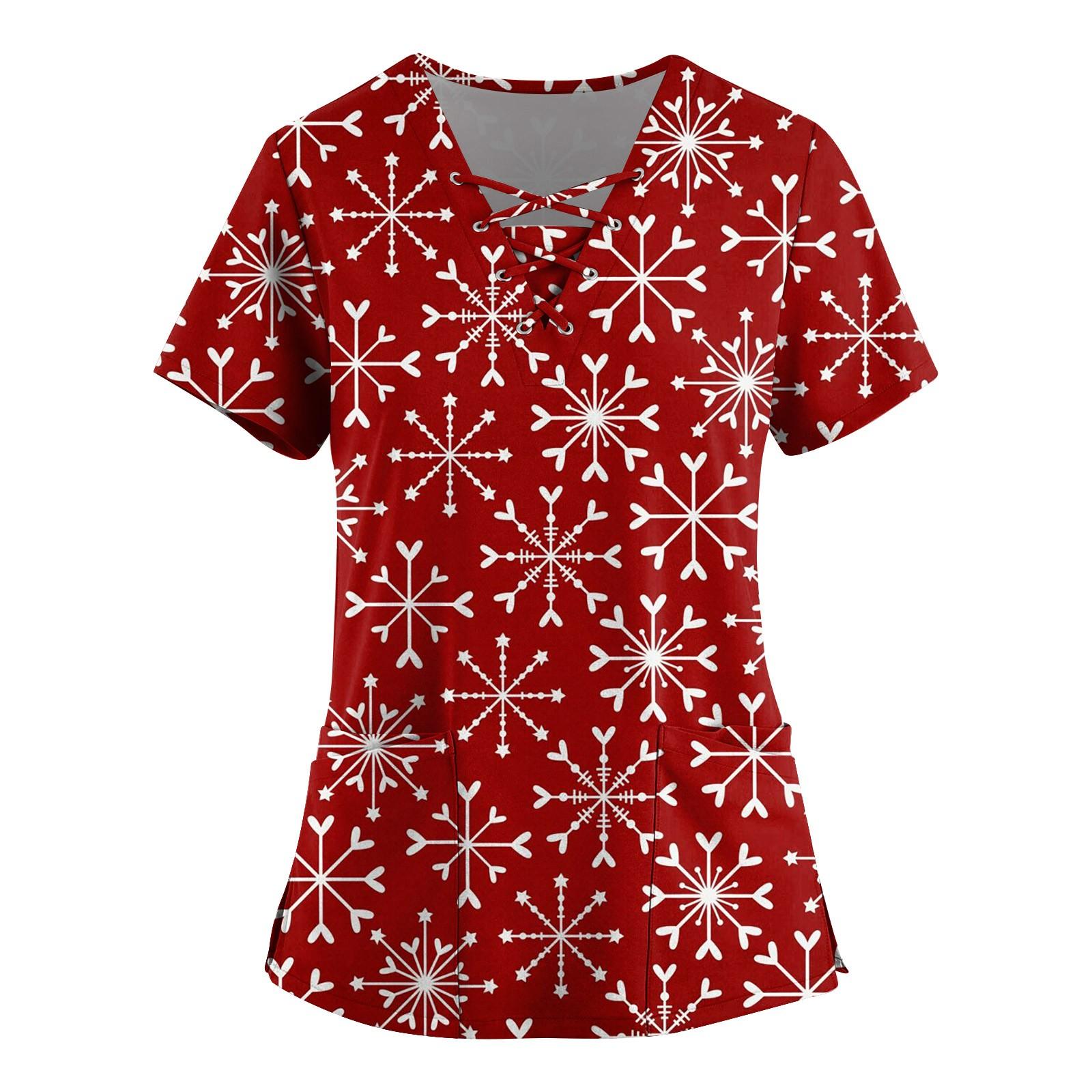 Women s Christmas Printed Short-sleeved Lace-up V-neck Pocket Overalls Top M красный