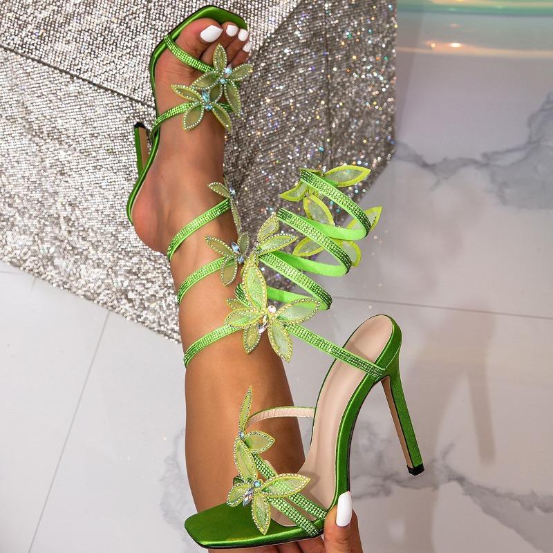 Spring and summer word with snake-shaped winding open-toed rhinestone flash diamond bow thin heel super high heel sexy sandals women's shoes