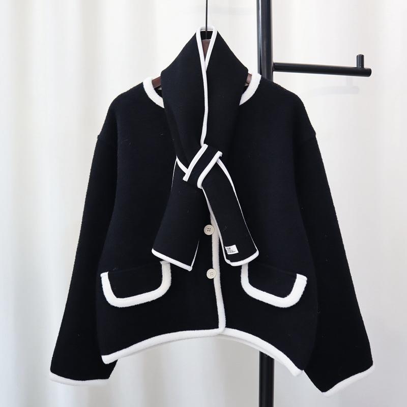 With scarf knitted double-sided cardigan autumn and winter new temperament design sweater jacket women