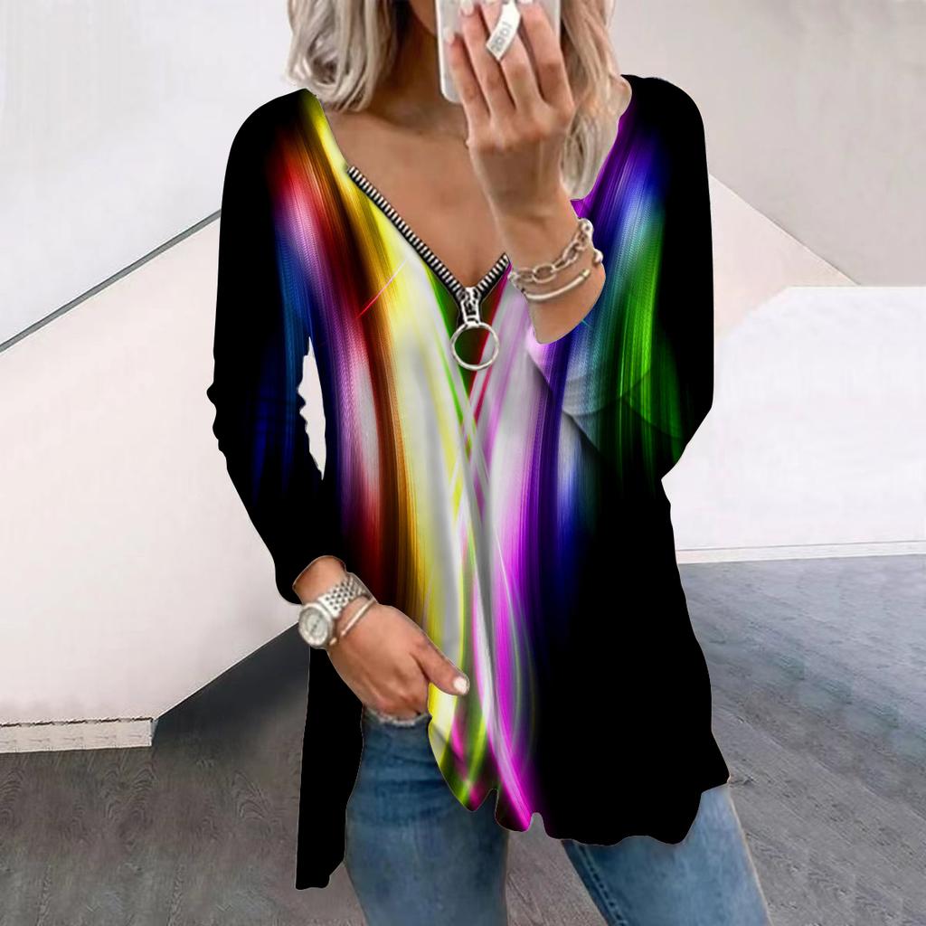 Women Autumn Gradient Colored Light Printed Long Sleeve T-Shirts Loose V-Neck Plus Size Tee Shirt Tops Comfy Blouse