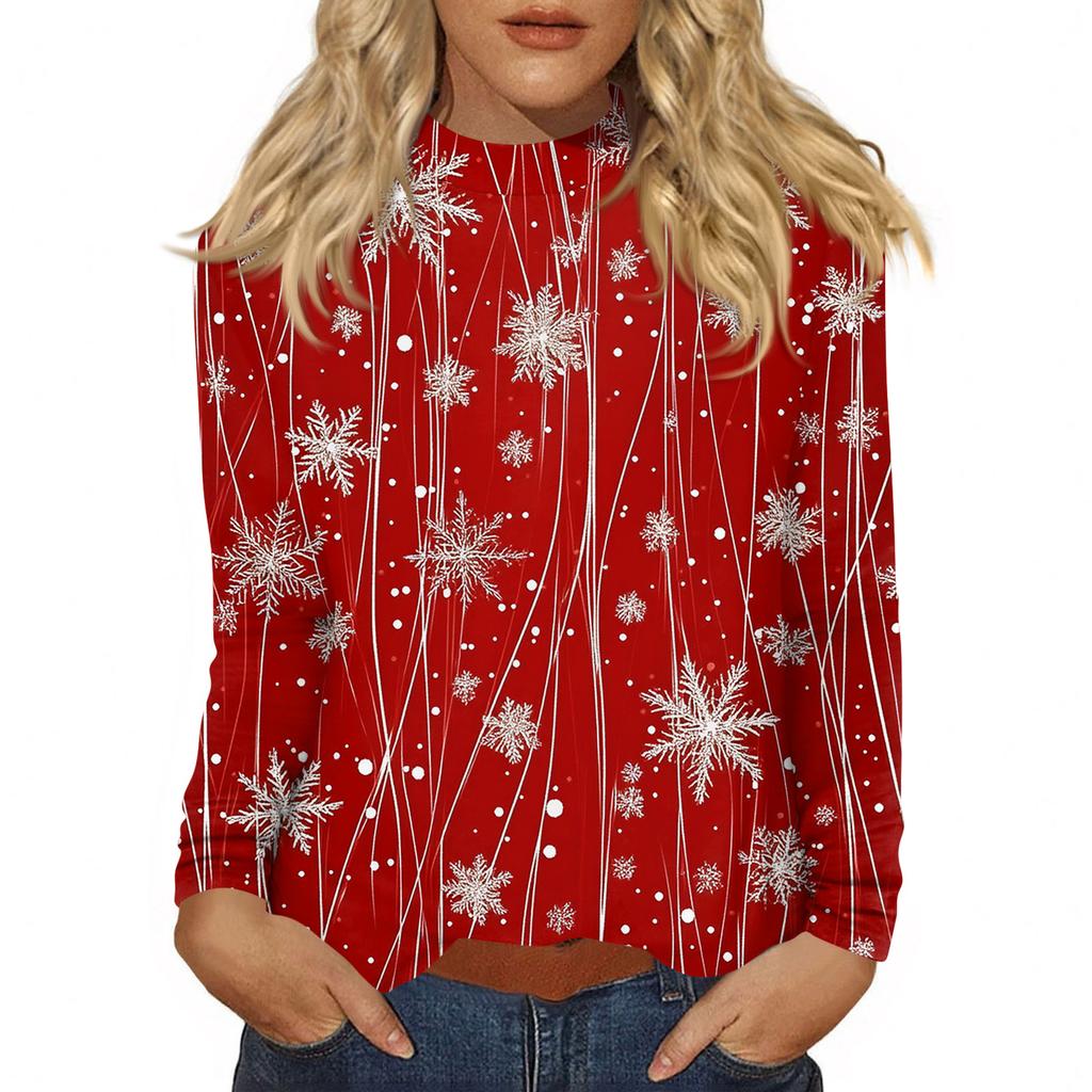 Damen Herbst Casual Langarmshirts Sweatshirt Vintage Bedrucktes High Neck Top Pullover