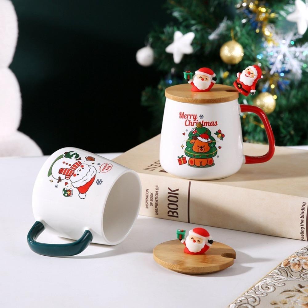 Merry Christmas Cup Spoon Set Wooden Lids Coffee Cup Teaspoon Cute Mug Gift Box  Home Use