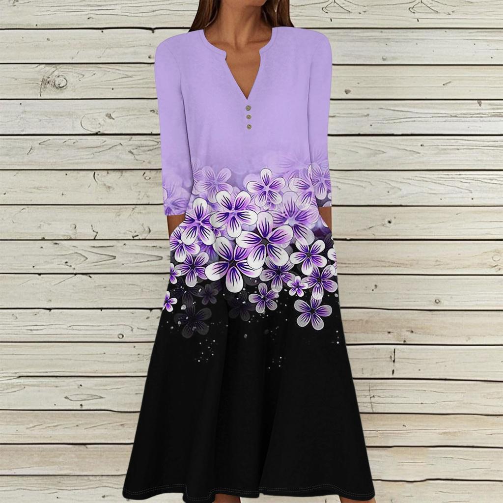 Women's Summer Casual V-Neck Button Vintage Floral Print Three-quarter Sleeve Long Dress With Pockets