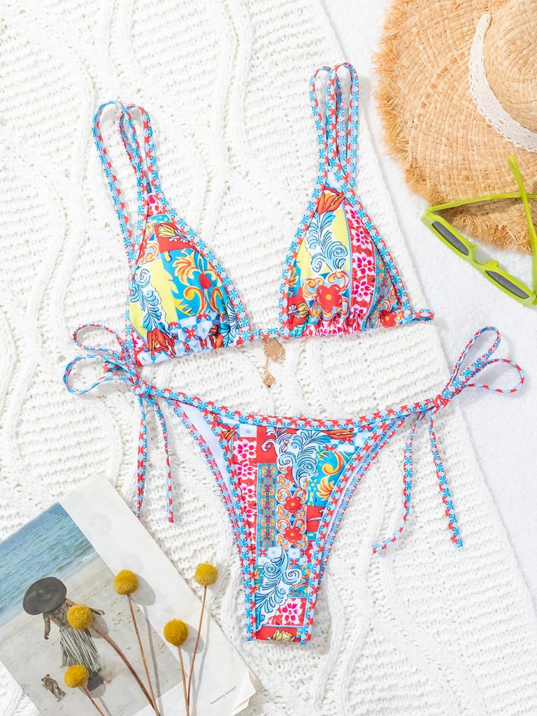 Damski strój kąpielowy z kwiecistą kokardką seksowna trójkątna torba wiązanie po bokach bikini z niską talią kostiumy kąpielowe kostiumy kąpielowe