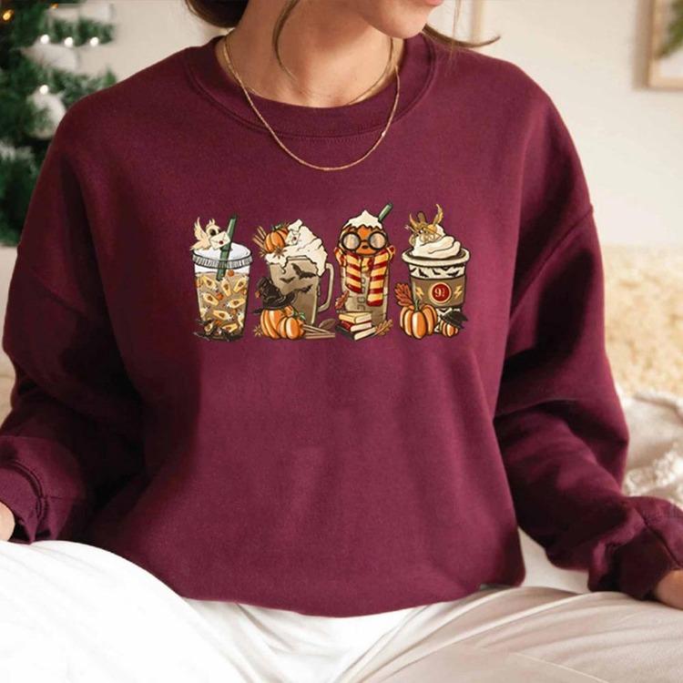 Pumpkin Spice Coffee Lover Women Fall Cozy Horror Sweatshirt Pullover Halloween Clothes