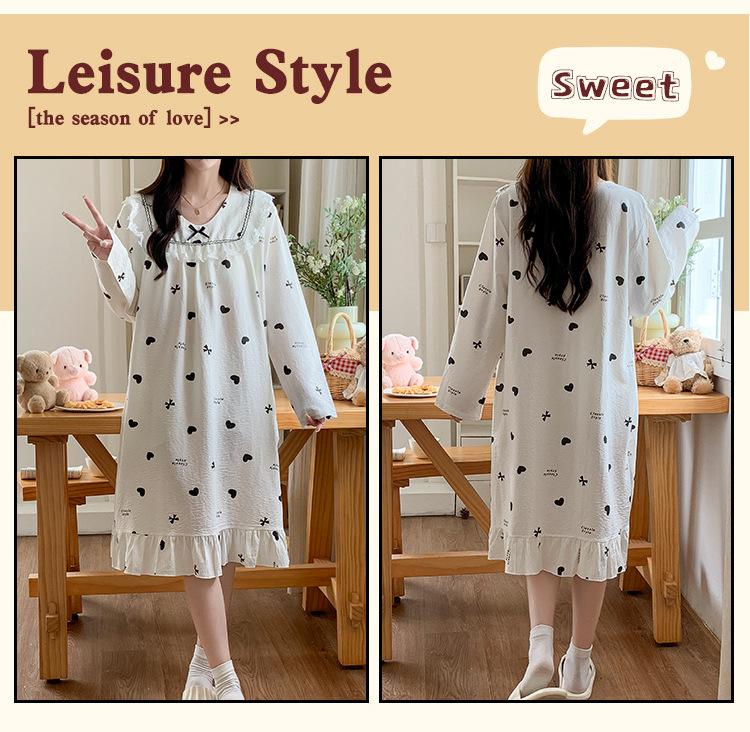 Spring & Autumn Lace Long Sleeve Cotton Nightgown with Fixed Chest Pad