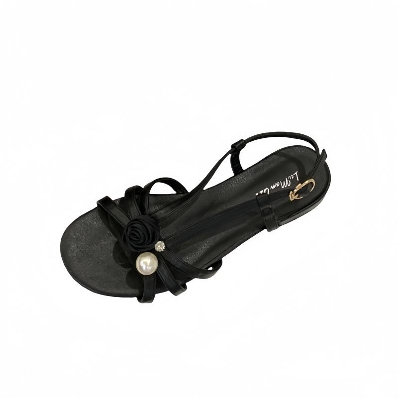2025 summer new empty-toed girl flower sandals pearl diamond thick heel Roman fashion shoes