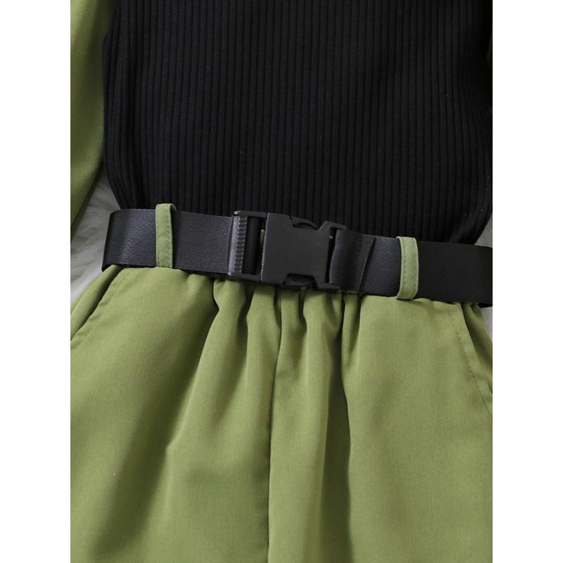 Children's Set Autumn Workwear Long Sleeve Set Color Block Ribbed Top + Long Pants Set with Belt