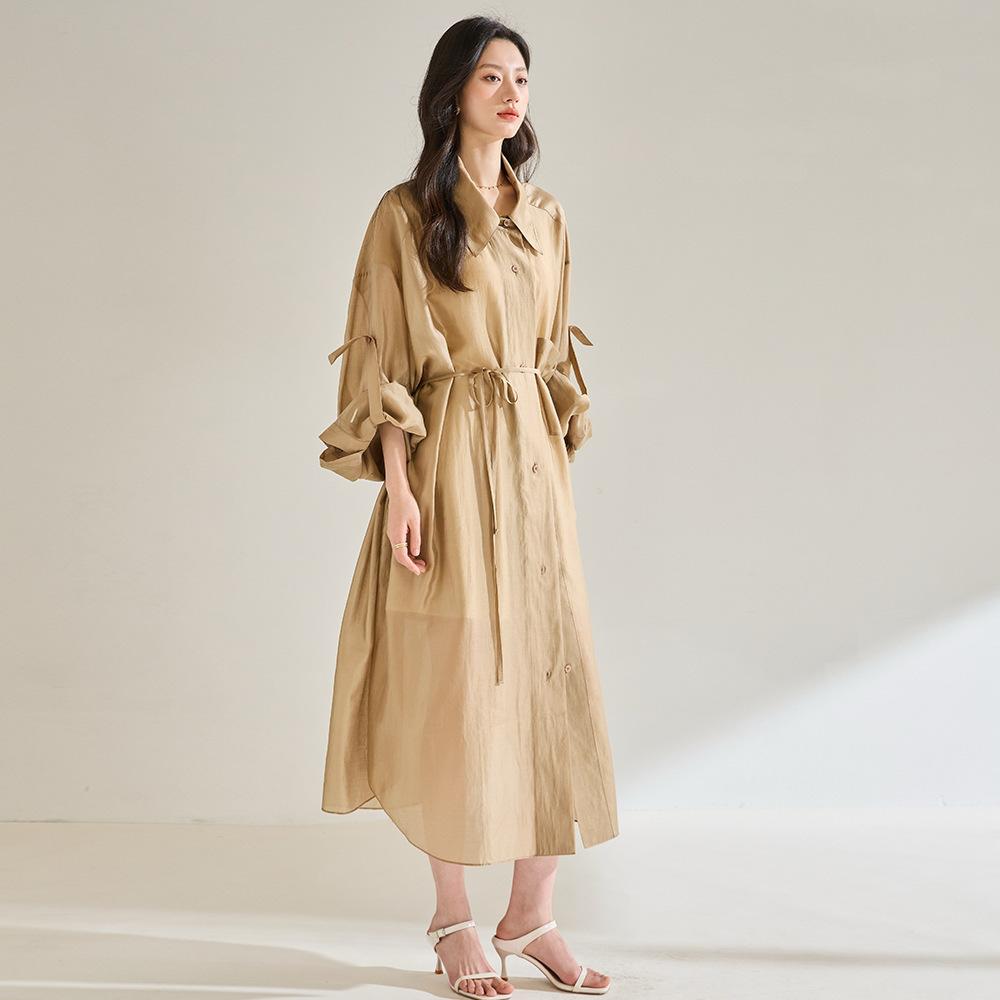Spring and summer new thin sunscreen long coat paper texture khaki trench coat female 18851