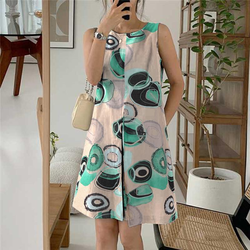 

ZANZEA Женское летнее повседневное платье с круглым вырезом, без рукавов, с принтом 5XL зелёный