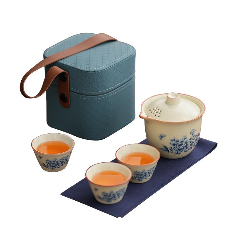 Ru kiln travel tea set Qingyun small set household simple brewing teapot kung fu portable bag teacup outdoor